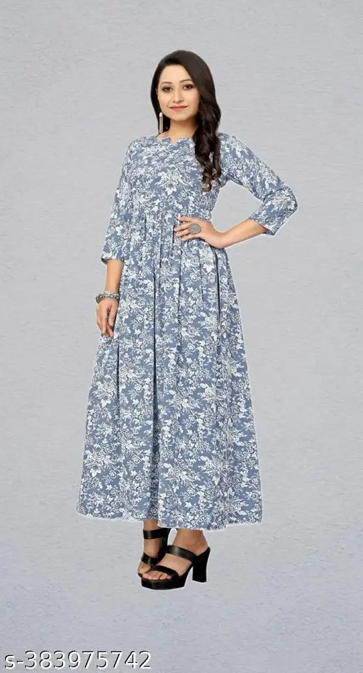 High-quality crepe floral printed Anarkali kurtis, three-quarter sleeves, S-XXL sizes, Indian handcrafted elegance