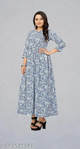 High-quality crepe floral printed Anarkali kurtis, three-quarter sleeves, S-XXL sizes, Indian handcrafted elegance