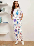 Attractive polyester nightsuit with long sleeves, printed net pattern. Elegant women's pyjama set, premium quality material from India