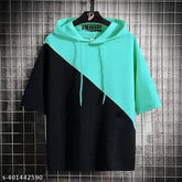 Art Silk, colorblocked men's half sleeves summer hoodie. Four sizes available: M, L, XL. Made in India