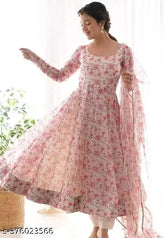 Georgette printed kurti with dupatta and long sleeves, Indian fashion for women