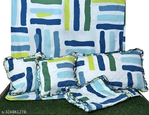 Superfine cotton, five-piece bedsheet set with double bedsheet, two quilted frill pillow covers, and two quilted frill cushion covers. Big size, ethnically patterned, summer-ready bedding set