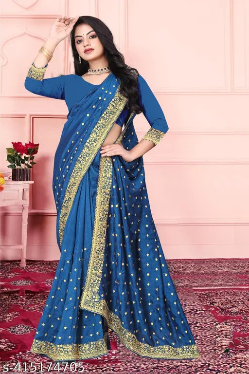 Vichitra Silk and Bangalori Silk embroidered saree with separate blouse, ready-to-wear in free size (5.5m length, 0.8m blouse). Indian traditional wear for special occasions