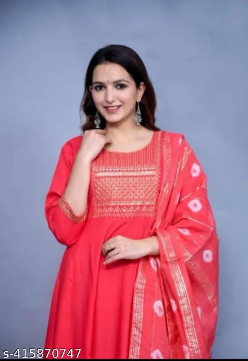 Solid printed rayon anarkali kurti and duppatta, three-quarter sleeves, Indian ethnic wear for women