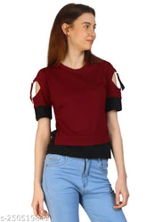 Maroon cotton solid short sleeve oversized loose hip hop t-shirt for women, girls - trendy urban chic style, India
