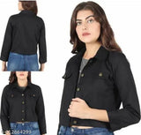 Denim three-quarter sleeve women's waistcoat jacket - Comfy latest style, solid net pattern, size S-XL from India