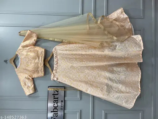 Art Silk Banarasi lehenga-choli set with net dupatta, embroidered and solid patterns, semi-stitched (38" waist, 41" length), ready to ship, handcrafted in India