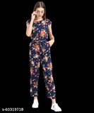 Blue crepe printed net jumpsuit for women & girls, comfortable fit with short sleeves
