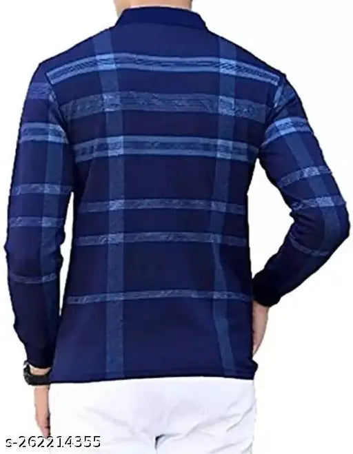 Stylish navy blue checkered cotton blend long-sleeve t-shirt for men, ideal for both casual and formal wear