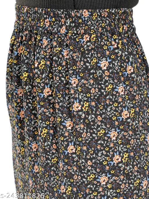 Black crepe floral printed side-slit frill skirt, ruffles detailing, elasticated waistline - Indian craftsmanship