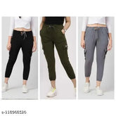 Stretchable cotton-lycra cargo trousers and joggers combo pack for women & girls in black, dark green, grey - India origin