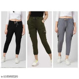 Black, grey, dark green combo pack: 3 stretchable and elasticated cargo trousers/joggers for women & girls
