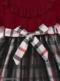 Maroon modal kids round neck frock, printed net with long sleeves, 6-12 months size, India origin