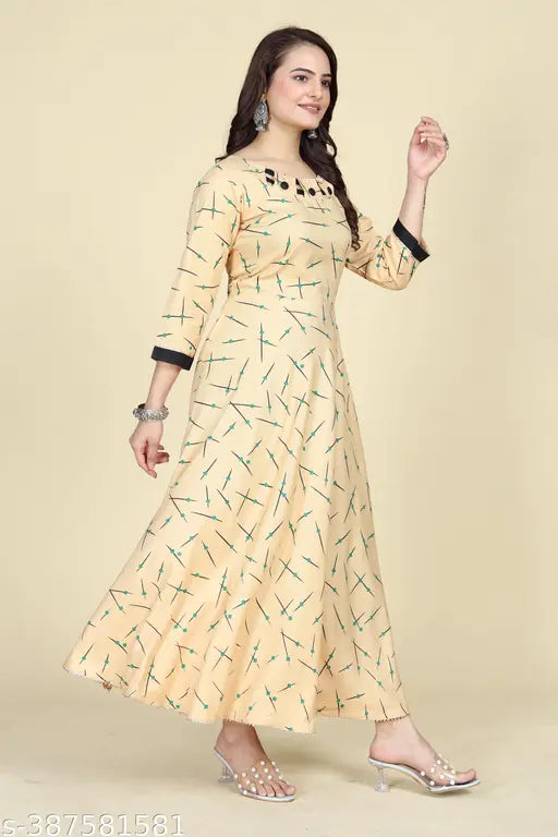 Cream rayon long anarkali kurti, three-quarter sleeves, fashionable printed pattern for women, XL size (bust 42in), India origin