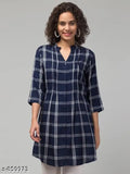 Blue checkered rayon tunic, three-quarter sleeves, v-neck, mandarin collar - Indian designer women's top for casual wear