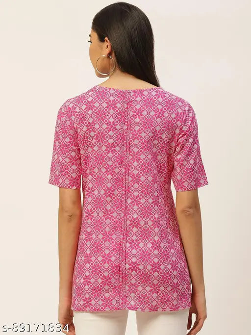 Pink cotton Japer Kurti woman's half sleeve V-neck wrap top with geometric print, perfect for regular wear