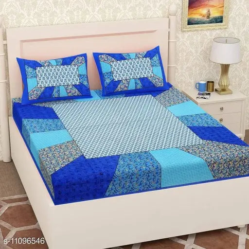 Blue Jaipuri-printed cotton flat sheets with 2 pillow covers, ideal for summer adult use. Ethnic motifs design