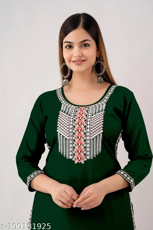Green rayon embroidered kurti for office/party wear, stylish festive wear by Kapadia, three-quarter sleeves, size S (36in bust, 41in length)