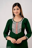 Green rayon embroidered kurti for office/party wear, stylish festive wear by Kapadia, three-quarter sleeves, size S (36in bust, 41in length)