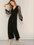 Black lycra wide-leg jumpsuit with contrast star mesh sleeves, size XS-XXXL, new stylish jumpsuit from India