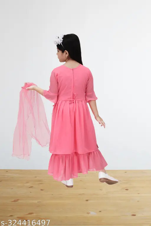 Embroidered pink Georgette Lahera set for girls, three-quarter sleeves, Indian traditional attire