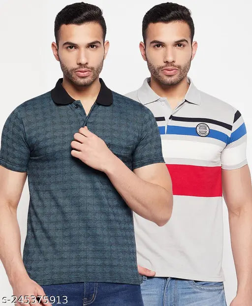 Multicolor striped cotton polo t-shirt for men, short sleeves, Made in India