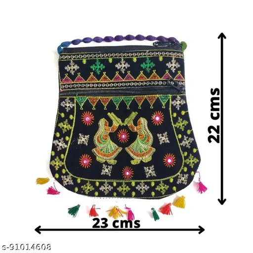 Ethnic Rajasthani mini-sling fabric bag for women/girls, embroidered net design with 2 compartments, spacious for daily essentials. India origin