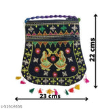 Ethnic Rajasthani mini-sling fabric bag for women/girls, embroidered net design with 2 compartments, spacious for daily essentials. India origin