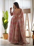 Elegant cream Krishna Chiku Georgette gown with floral print, long sleeves, and matching dupatta, featuring golden piping border. Perfect for festive events or special occasions. Made in India