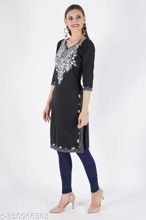 Premium woolen Aari embroidered kurti, three-quarter sleeves, L size (bust 40in, length 42in), Indian handcraft