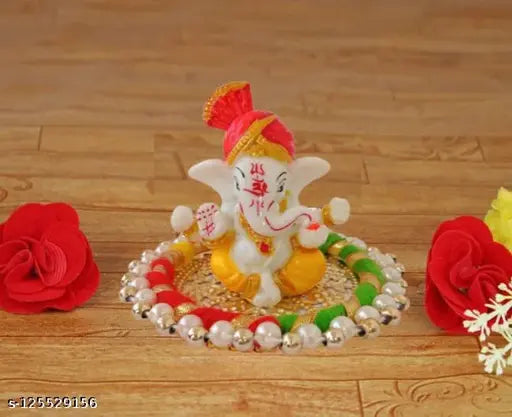 Handcrafted poly resin Ganesha Idol with white and golden Aasan, perfect for home, car, and living room decoration (10cm x 8cm x 10cm)