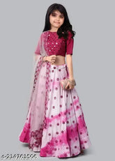 Silk and net digital printed lehenga choli set with floral embellishments, suitable for girls aged 5-12 years. Indian ethnic wear