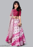 Silk and net digital printed lehenga choli set with floral embellishments, suitable for girls aged 5-12 years. Indian ethnic wear