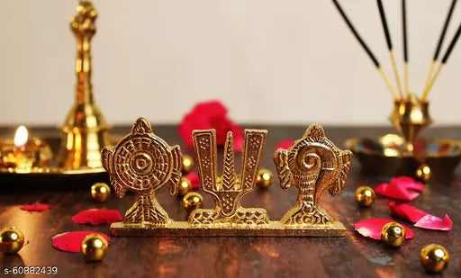 Gold plated brass Shankh Chakra Namah showpiece, Indian god idol, 10cm x 4.5cm x 1.5cm