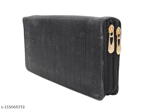Black PU glittering hand wallet, vintage looks and slim design for ladies, features 2 compartments