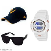 White Pearl Digital Sports Watch, Multifunctional Men's Watch Combo Pack with Cap & Goggles, Indian-made for active boys and men