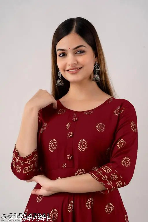 Maroon rayon Anarkali kurti with gold print, suitable for office/party wear and casual events