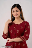 Maroon rayon Anarkali kurti with gold print, suitable for office/party wear and casual events