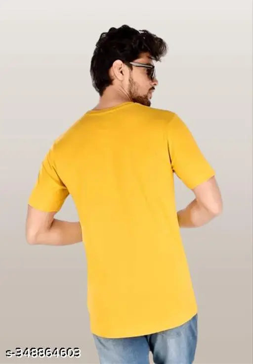 Yellow regular-fit men's cotton T-shirt, short sleeves, solid pattern, size M (Chest 27in, Length 38in)