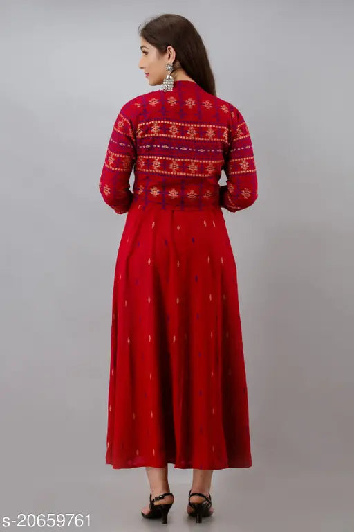 Red printed Anarkali Kurta with detachable jacket on woman, rayon fabric, sleeveless, India-made