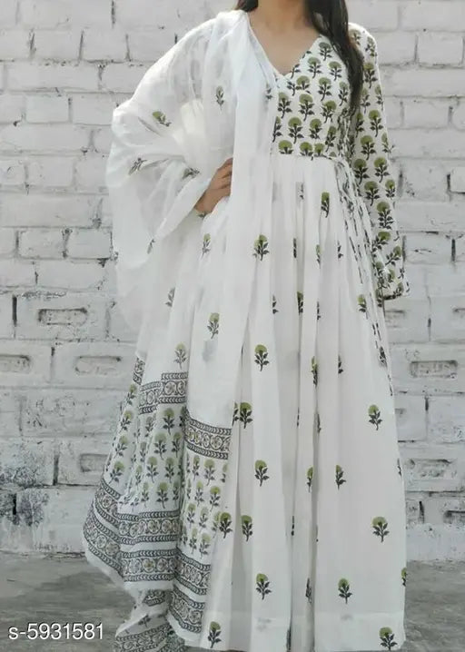 Women's cotton Cambric floral Anarkali Kurta with dupatta, long sleeves, printed pattern, single size M-XXXL. Indian handcrafted traditional outfit on mannequin