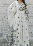 Women's cotton Cambric floral Anarkali Kurta with dupatta, long sleeves, printed pattern, single size M-XXXL. Indian handcrafted traditional outfit on mannequin