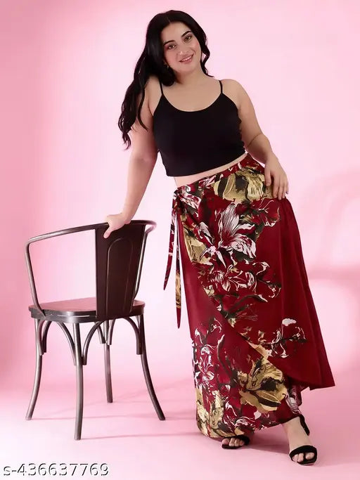 Maroon printed satin maxi skirt for women, versatile and timeless design for various occasions