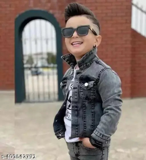 Grey denim kid's jacket boy @1, solid design for 4-5 years sizes