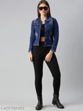 Dark blue denim jacket for women/girls, solid pattern, long sleeves, stylish 3-patti design, perfect for summer and winter seasons