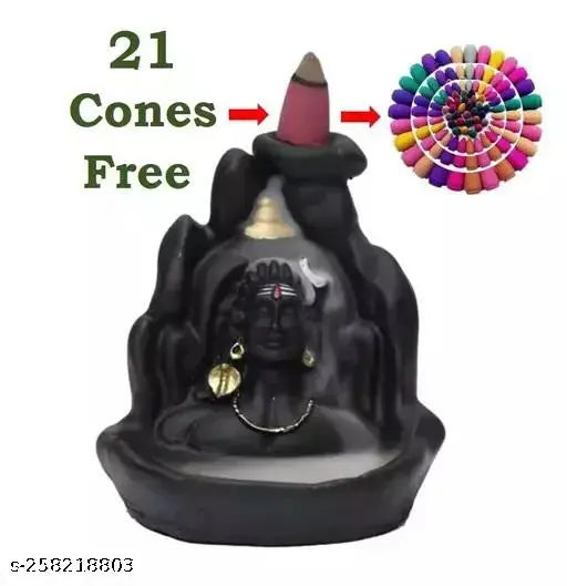 Black handcrafted Adiyogi BackFlow scented smoke fountain with 21 cones, Indian poly-resin sculpture for home decor