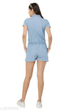 Blue solid denim half jumpsuit, stylish women's three-quarter sleeve denim outfit from Avyanna, India