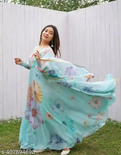 Aqua blue georgette gown with printed net and orange dupatta, round neck, full length, for women's formal/party wear, India origin