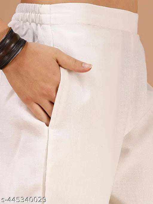 Off-white linen embroidered flared tunic and trouser coord set, three-quarter sleeves, Indian craftsmanship