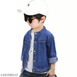 Blue denim single collar jacket, long sleeves, dyed/washed for kids' fashion (2-3 years - 7-8 years) from India